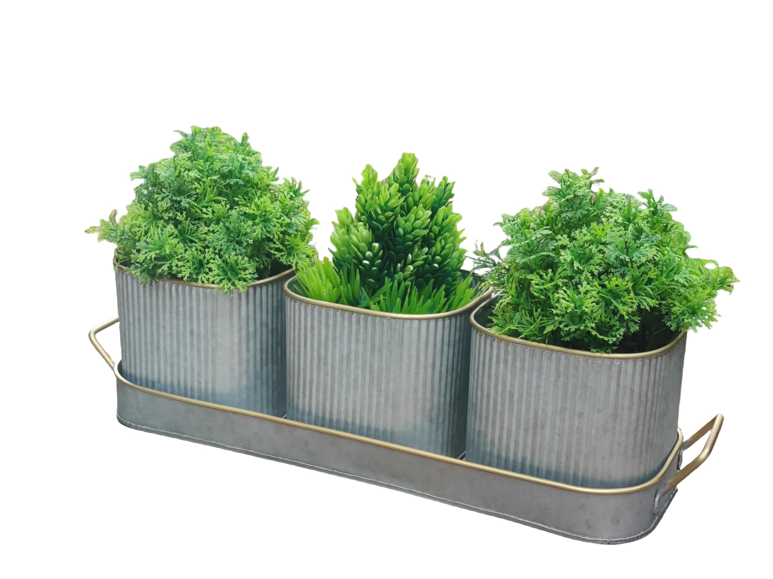 Set Di 3 Vasi In Metallo Vintage Su Vassoio Con Fori Di Drenaggio - Perfetti Per Erbe Aromatiche In Cucina O Fiori Sul Davanzale, Colore Gesso