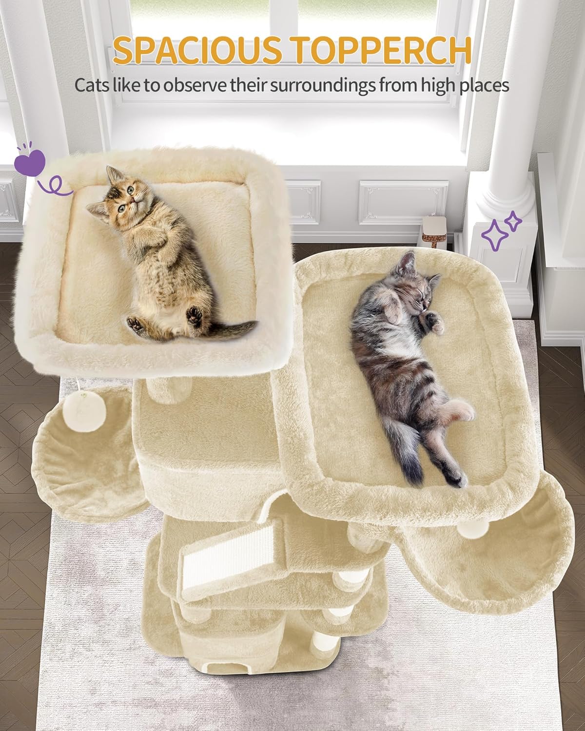 Two cats resting comfortably on the spacious topperches of the cat tree, demonstrating the amplo spazio.