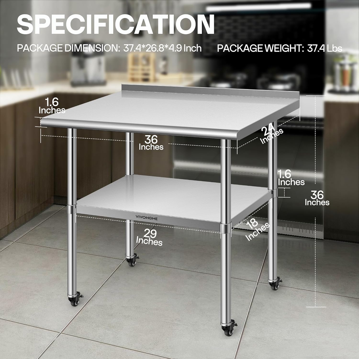 VIVOHOME 24 x 36 Inch Stainless Steel Work Table with Backsplash, Prep Commercial Table with Wheels for Restaurant, Hotel, Home and Warehouse
