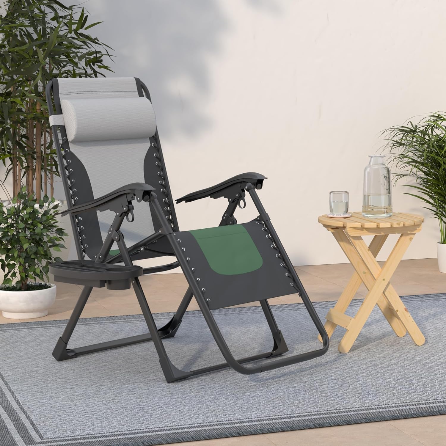 Oversized Padded Zero Gravity Chair Lounge Chair Outdoor Patio Recliner with Cup Holder Adjustable Headrest for Patio Pool Deck Camping Support 380lbs (1, Green)