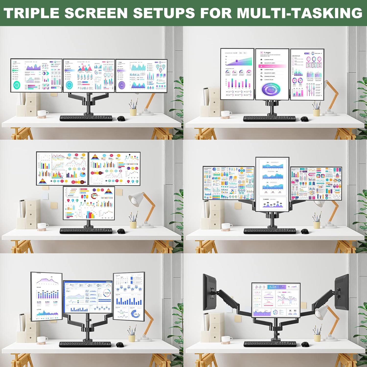 UPGRAVITY Triple Monitor Desk Mount for Three Flat/Curved Computer Screens up to 27 inch, Fully Adjustable Gas Spring Triple Monitor Arms Hold up to 17.6lbs, VESA 75x75/100x100mm