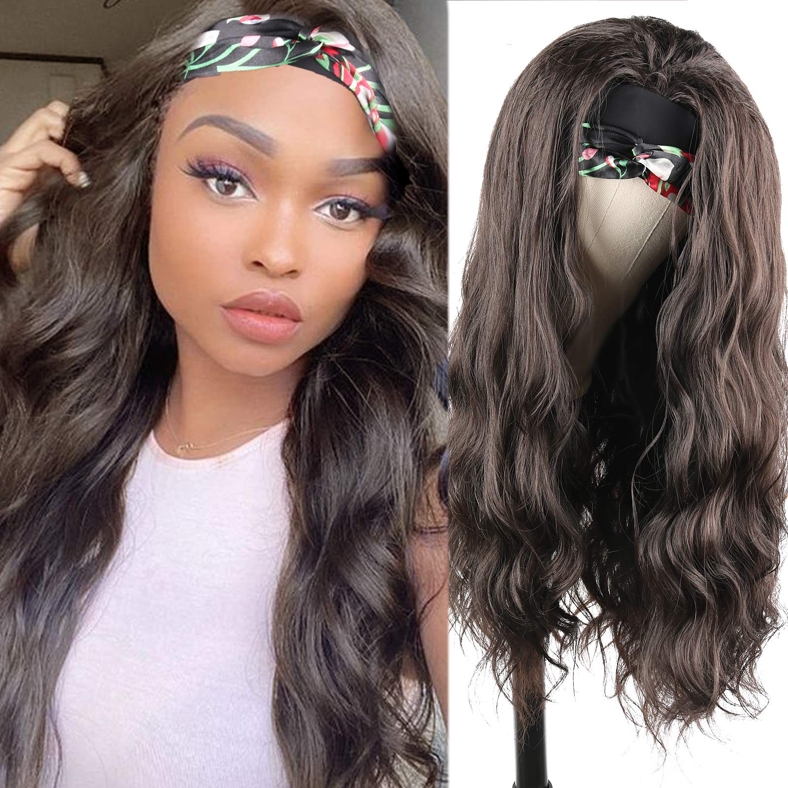 KRSI Long Body Wavy Headband Wigs for Women Synthetic Curly Wave Wigs with Headband Attached Black Ice Silk Half Wigs for Women (4#)…