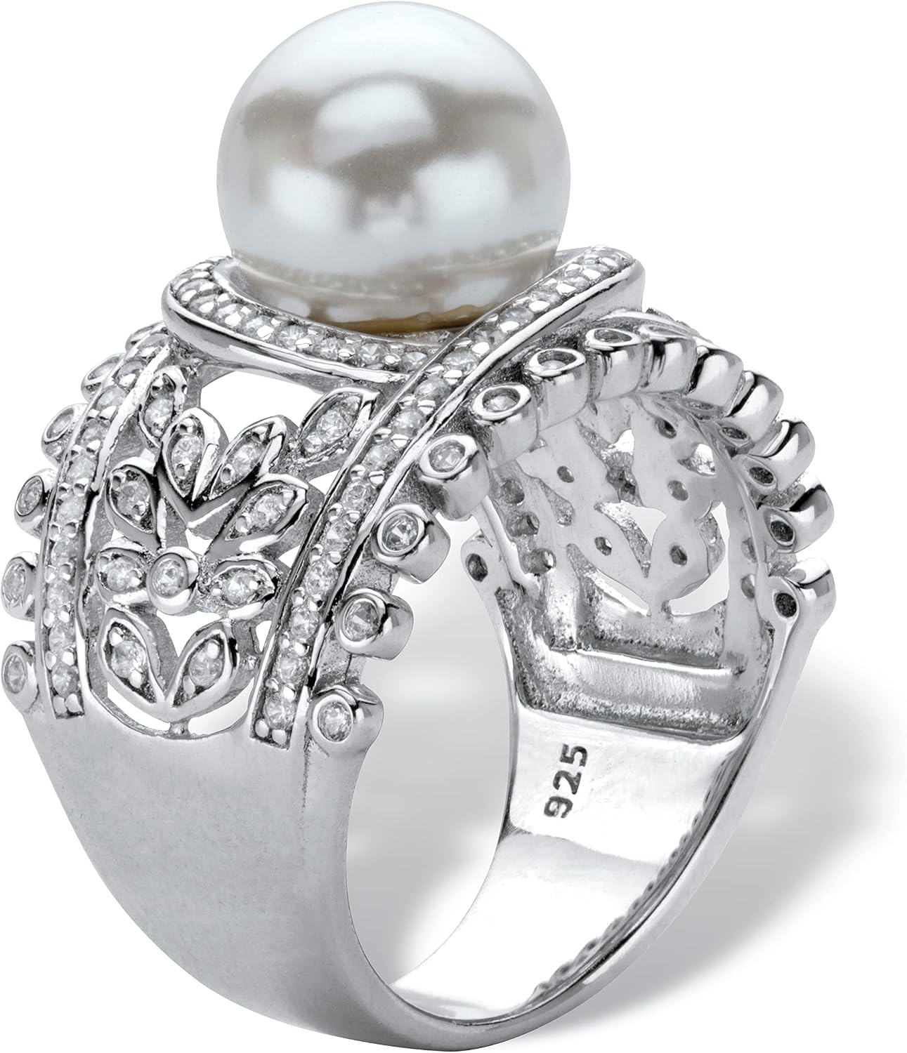 Platinum over Sterling Silver Simulated Pearl and Cubic Zirconia Floral Scalloped Ring
