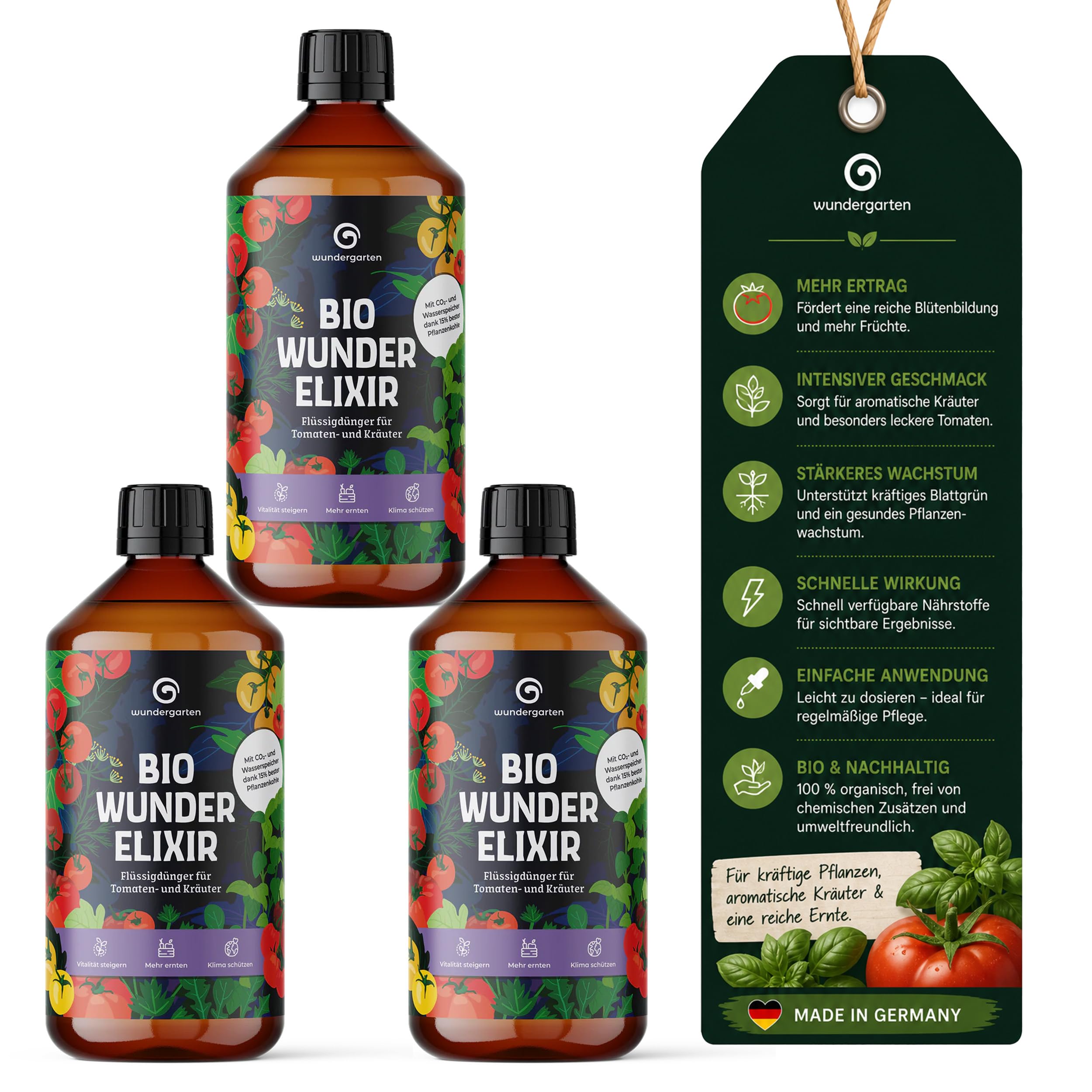 3x 1L Bio Flüssigdünger für Tomaten & Kräuter – Wundergarten Wunderelixier – Mit Pflanzenkohle – Organischer Tomatendünger – hohe Erträge & intensiven Geschmack – Gemüse, Kräuter & Balkonpflanzen