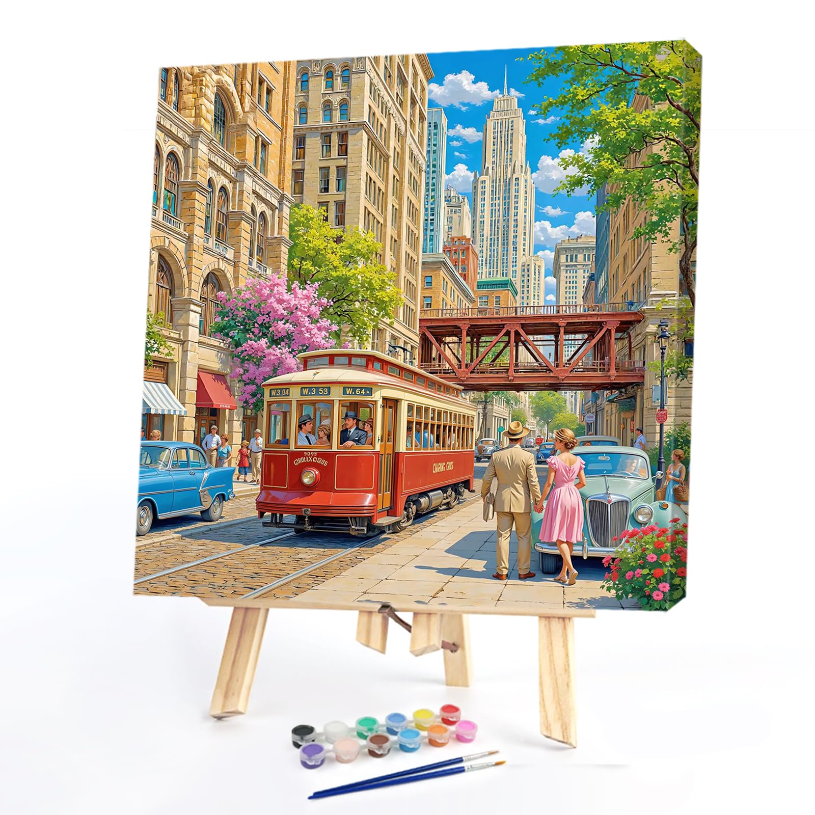 Poetrydraw Vintage City Streetcar Diy Paint By Numbers Kit 15.75X15.75in Canvas Oil Painting For Beginners & Adults Wall Decor Gift