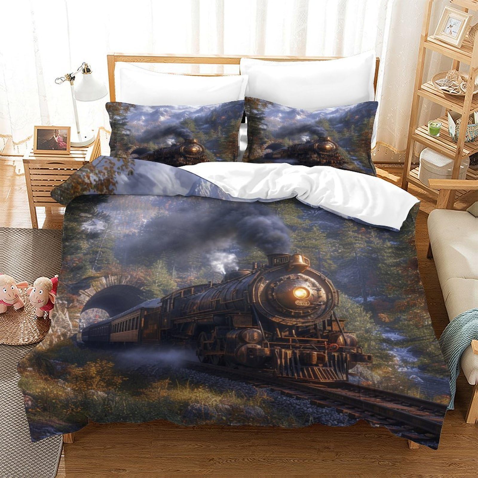 YYVKPMLXC Steam Train Duvet Cover, Bedding Set Scenic Mountain 3D Pattern Easy Care Quilt Cover 3pcs, Comforter Cover with Zipper Closure for Kids Teens Adults Bedding Double（200x200cm）