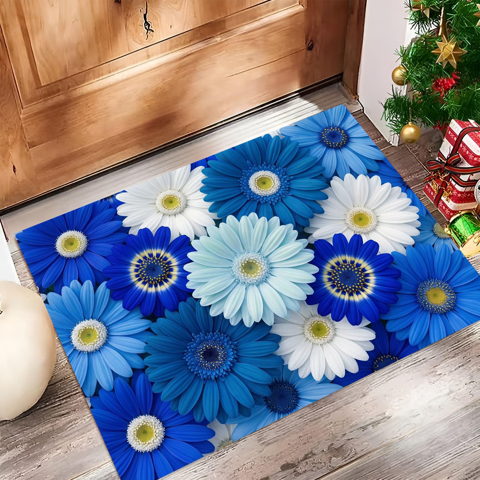 Zerbino Ingresso Interno Gerbera Con Sfumatura Realistica, Zerbino Di Benvenuto Lavabile Morbida Piante Fresche, Antiscivolo Tappeto Da Decorazioni Blu Per Casa Porta, 60X90Cm