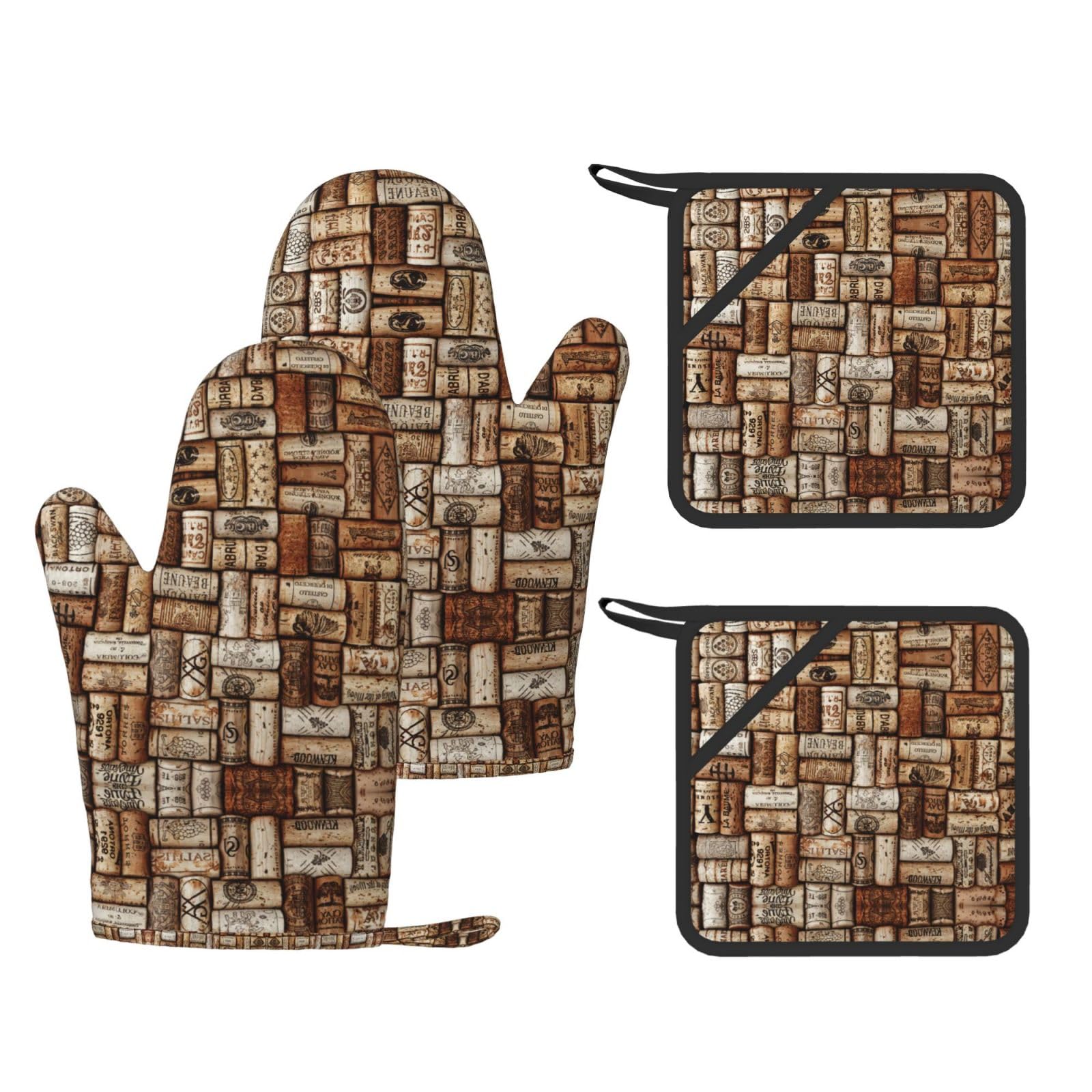Wine cork Trendy Printed Kitchen Set with Heat Resistant Gloves & Non-Slip Hot Pads for Baking & Grilling
