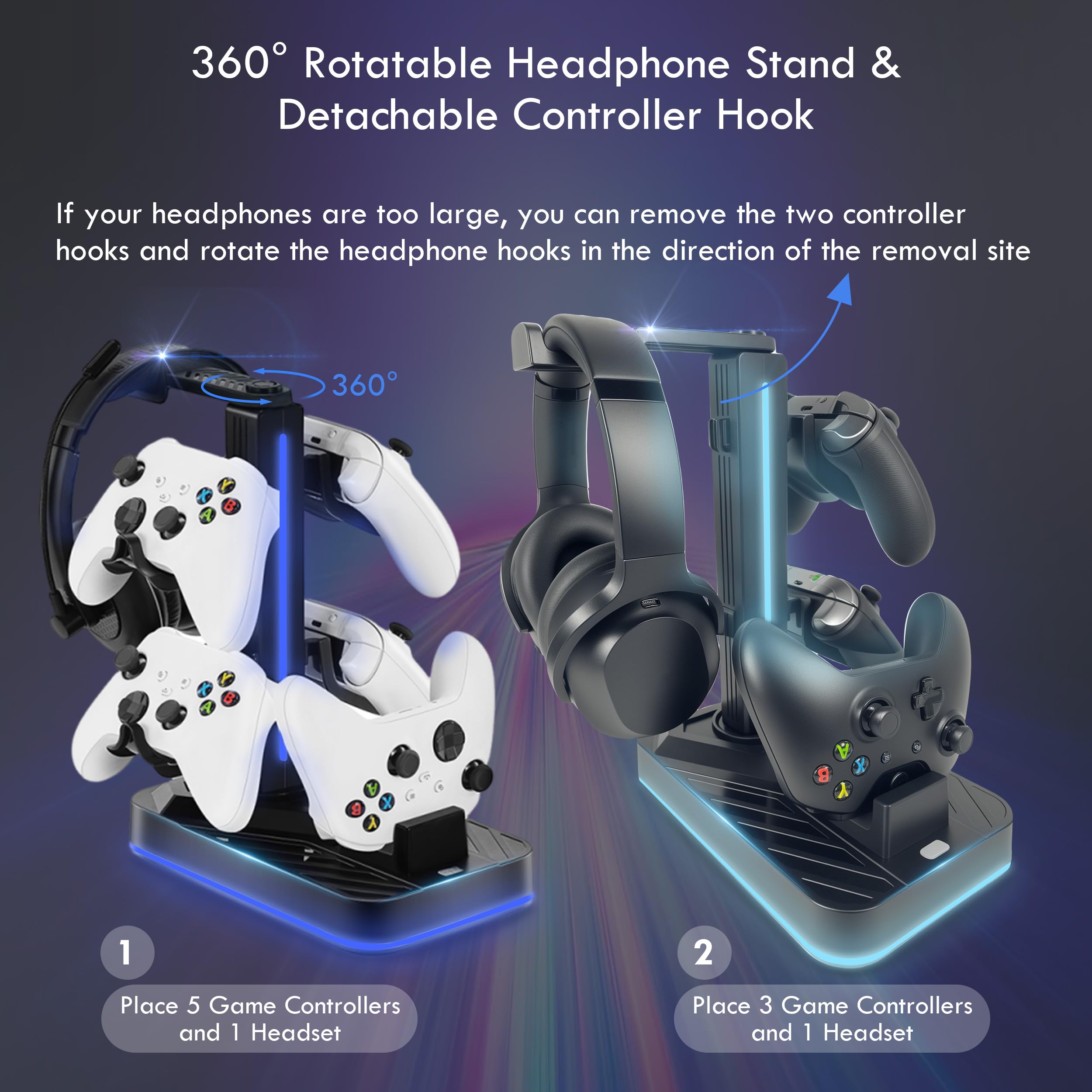 Supporto per cuffie e controller con stazione di ricarica per Xbox Series X|S/Elite 2/One/One X/One S/One Elite, controller RGB dock di ricarica per Xbox, cuffie e controller con 3 porte USB