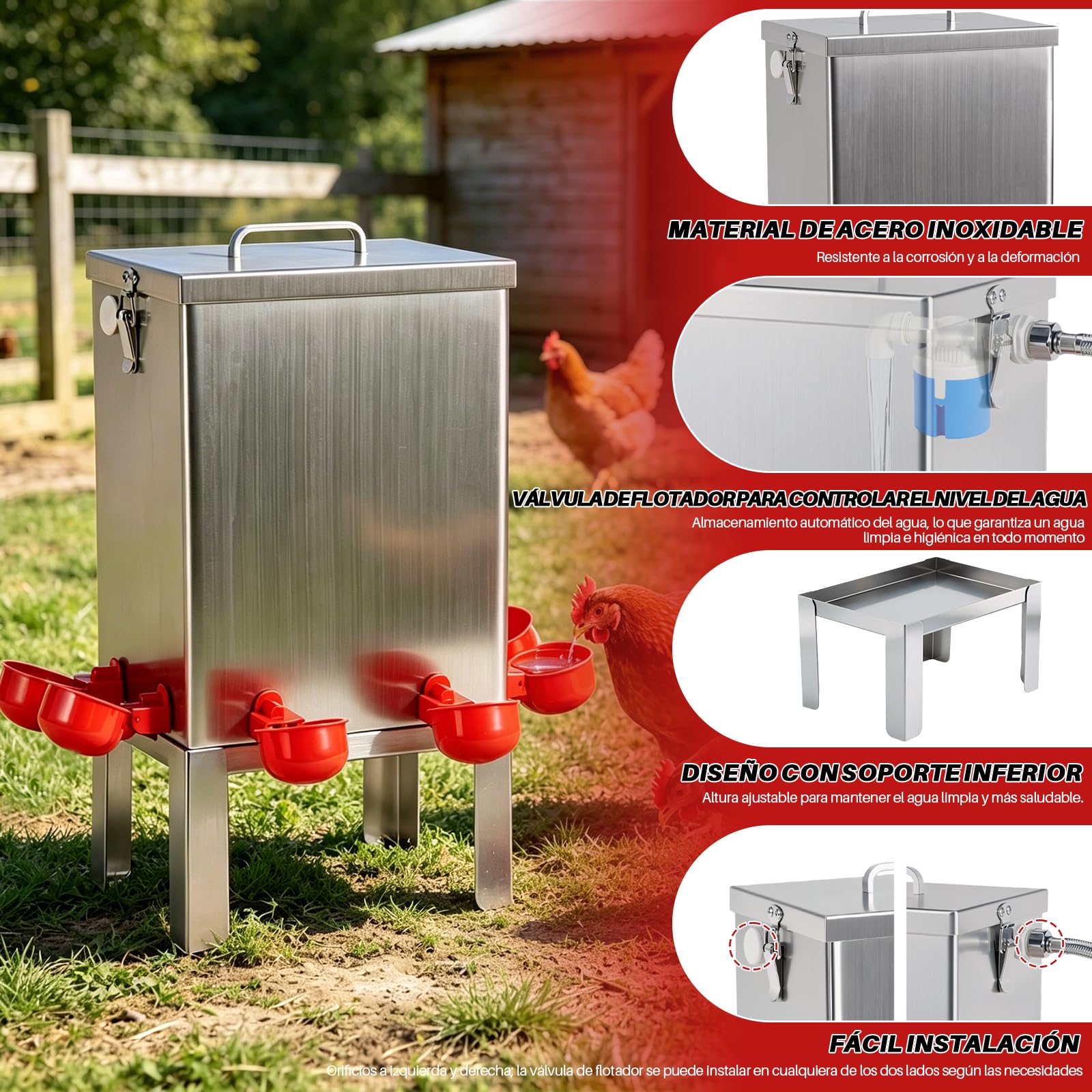 Bebedero Automático para Aves de Corral 10L, Acero Inoxidable con Válvula de Flotador, Soporte de Suelo y Manguera, Bebedero para Gallinas, Codornices, Patos, Gansos y Pavos