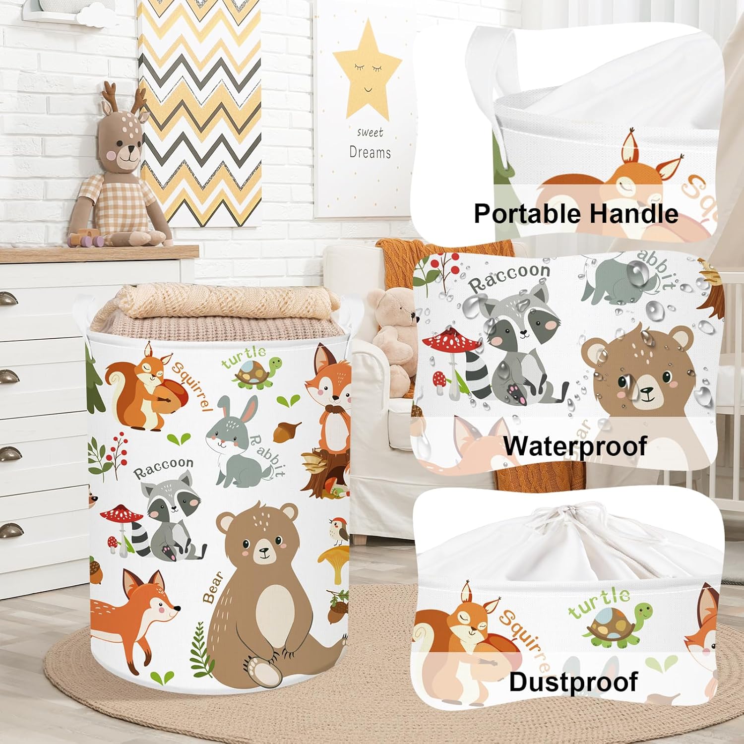 Clastyle Collapsible Words Animals Kid Book Toy Storage Basket Bear Raccoon Clothes Nursery Hamper for Bedroom Bathroom, Red Fox 45L