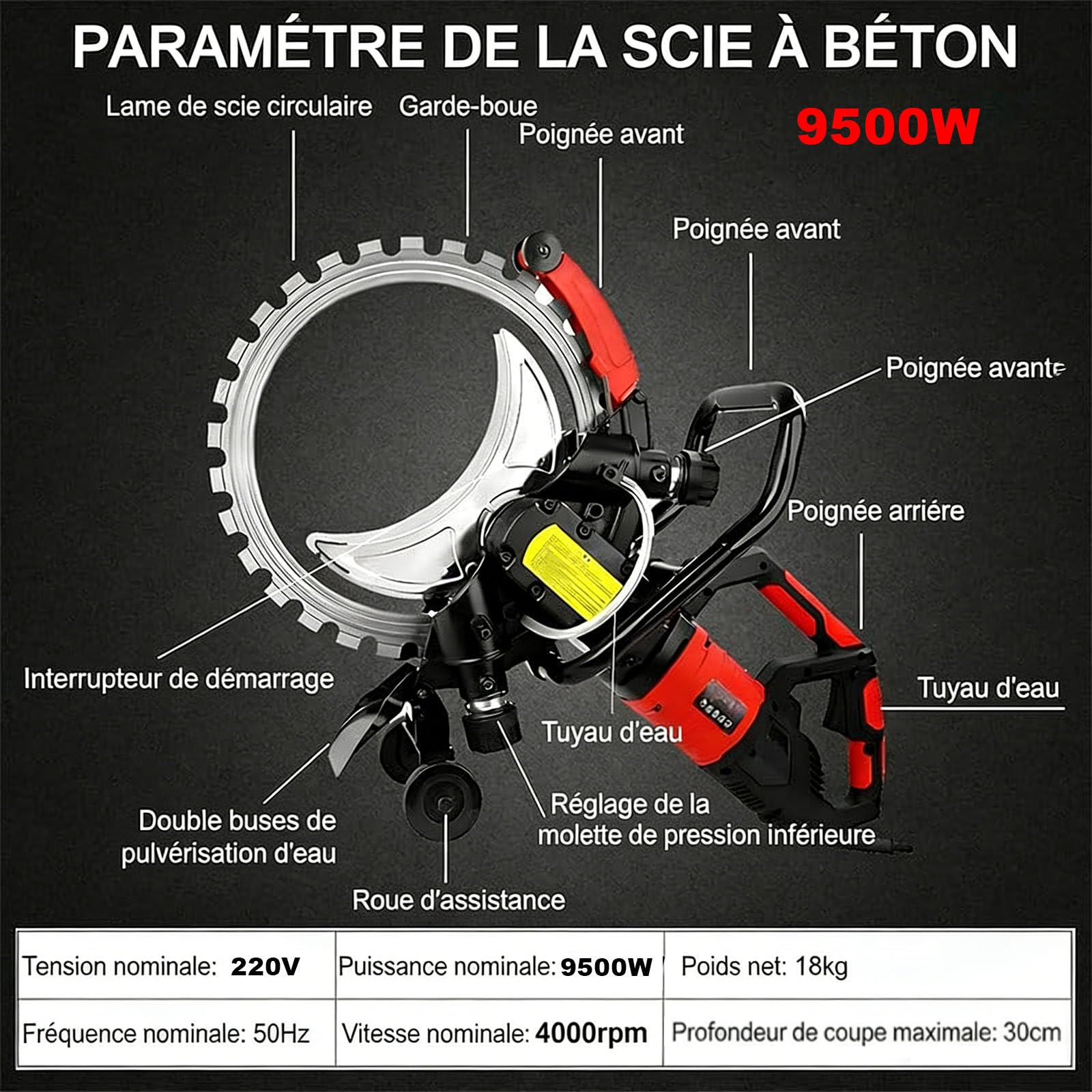 Scie annulaire électrique pour béton | avec Pompe à Eau et Lame de scie | Coupe à Eau Professionnelle | Fonction d'aspiration des poussières | Certifiée CE | Conception Ergonomique 9500W