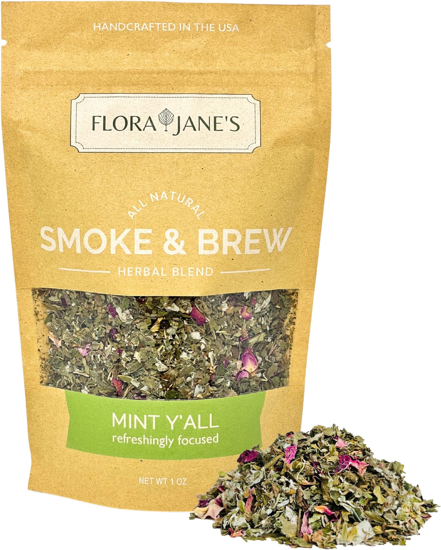 Herbal Blend for Smoke and Tea - Smoke & Brew Mint Ya'll for Refershing Focus - Peppermint, Spearmint and Rose Petal - Organic and Wildcrafted Herbs (1oz Bag)