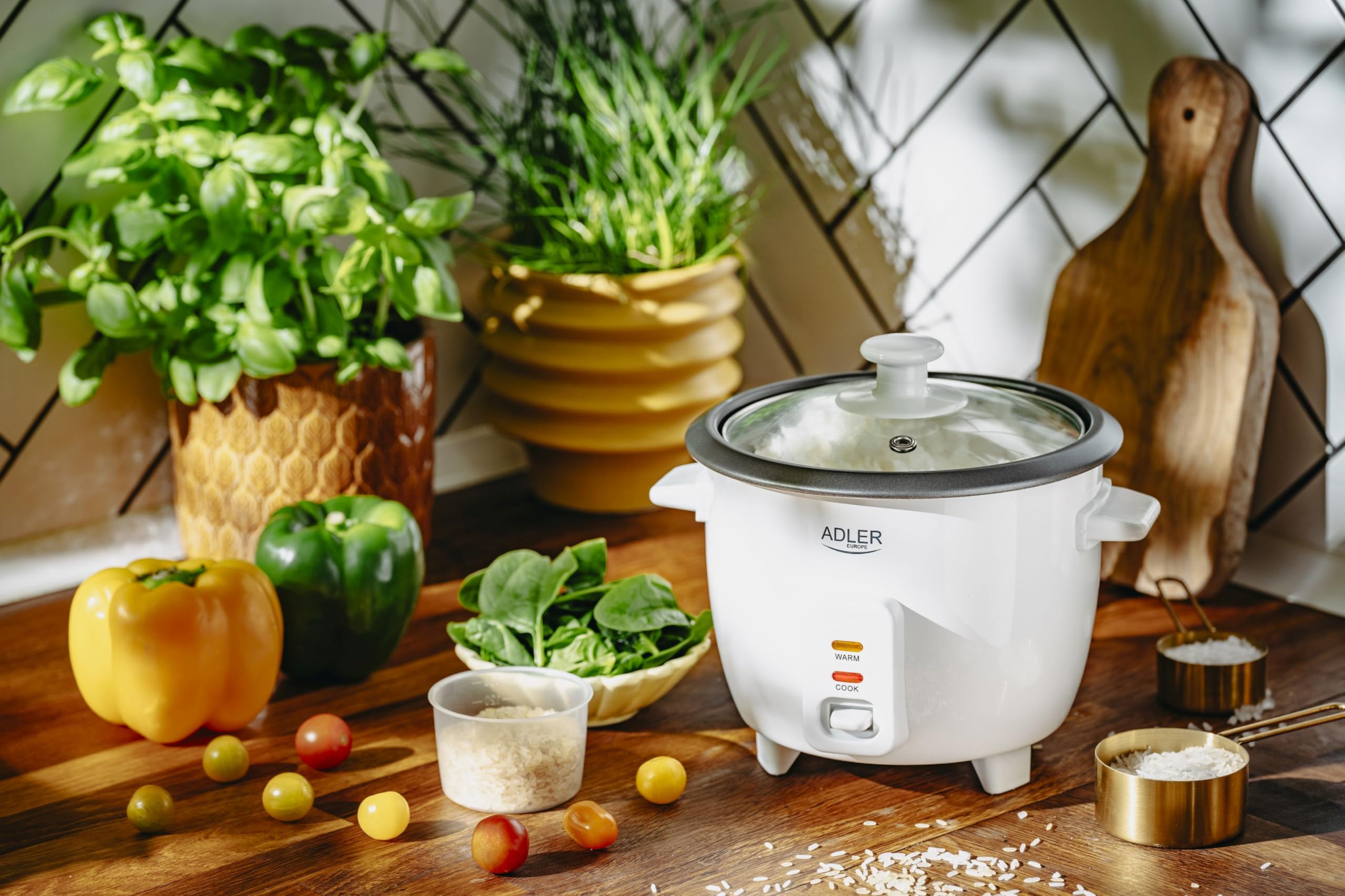 ADLER EUROPE Cuociriso 0,6 litri, funzione di mantenimento al caldo, pentola da giardino antiaderente, cucchiaio da riso e misurino, coperchio in vetro