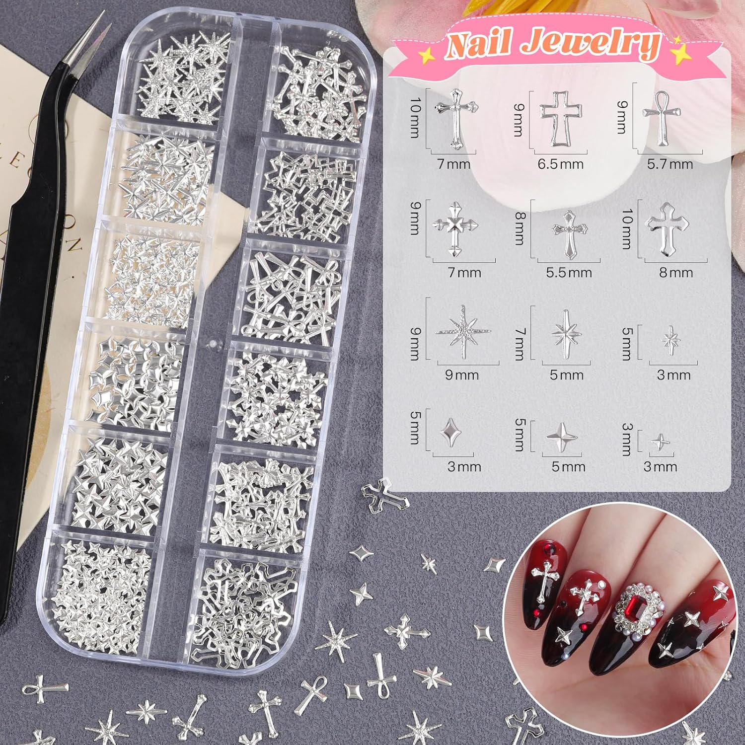 5Boxes Silver Nail Charms and Gems Kit, 3D Metal Flower Heart Bow Cross Star Nail Studs Charms for Nails Design, Pink White Flatback Rhinestones and Pearls Mini Caviar Beads with Tweezers for Nail Art - Image 3