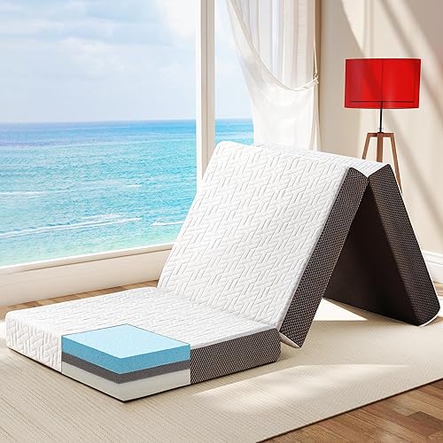 Hanherry Colchón plegable de 4 pulgadas, tamaño individual, de espuma viscoelástica portátil de tres pliegues, con bolsa de almacenamiento, funda