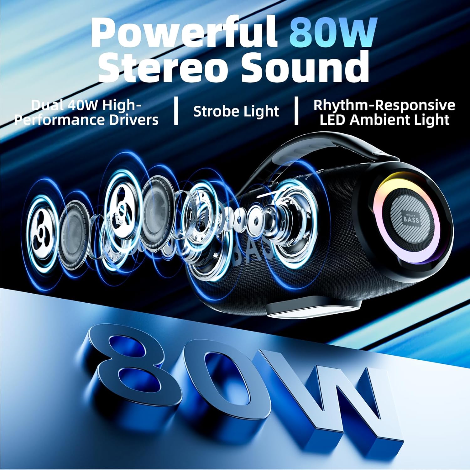 HEAVY BASS Speakers Bluetooth Wireless, 80W Max Loud Portable Speaker with Bass, 20H Playtime, IPX6 Waterproof, Dual Pairing, Gift Ideal for Adults Men Women Teen Boys Girls (Black, Large) - Image 2