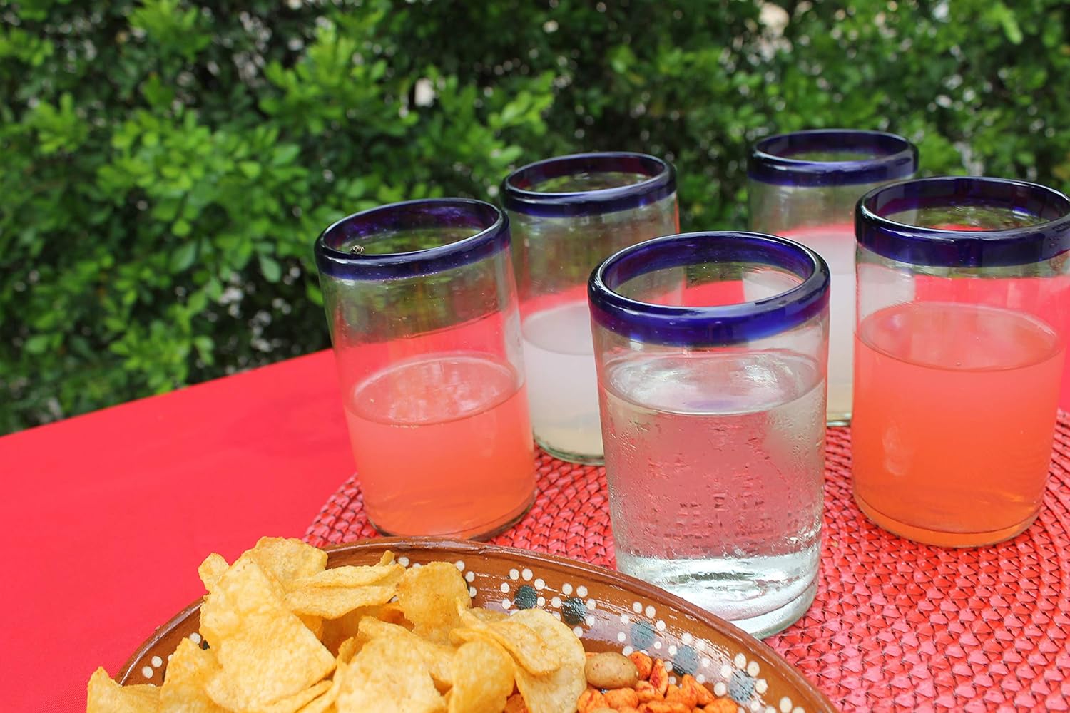 Fiesta Brands Mexican Blue Rimmed Drinking Glasses, Recycled Glass Hand Blown Heavy Thick Glassware Stemless Margarita Wine Cups Cobalt Kitchen Set of 6 Handcrafted Rustic 14 Oz