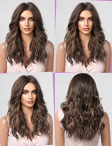 Miniatura 4 de HAIRCUBE Pelucas largas de color marrón oscuro con reflejos para mujer, peluca de pelo sintético rizado ondulado para uso diario