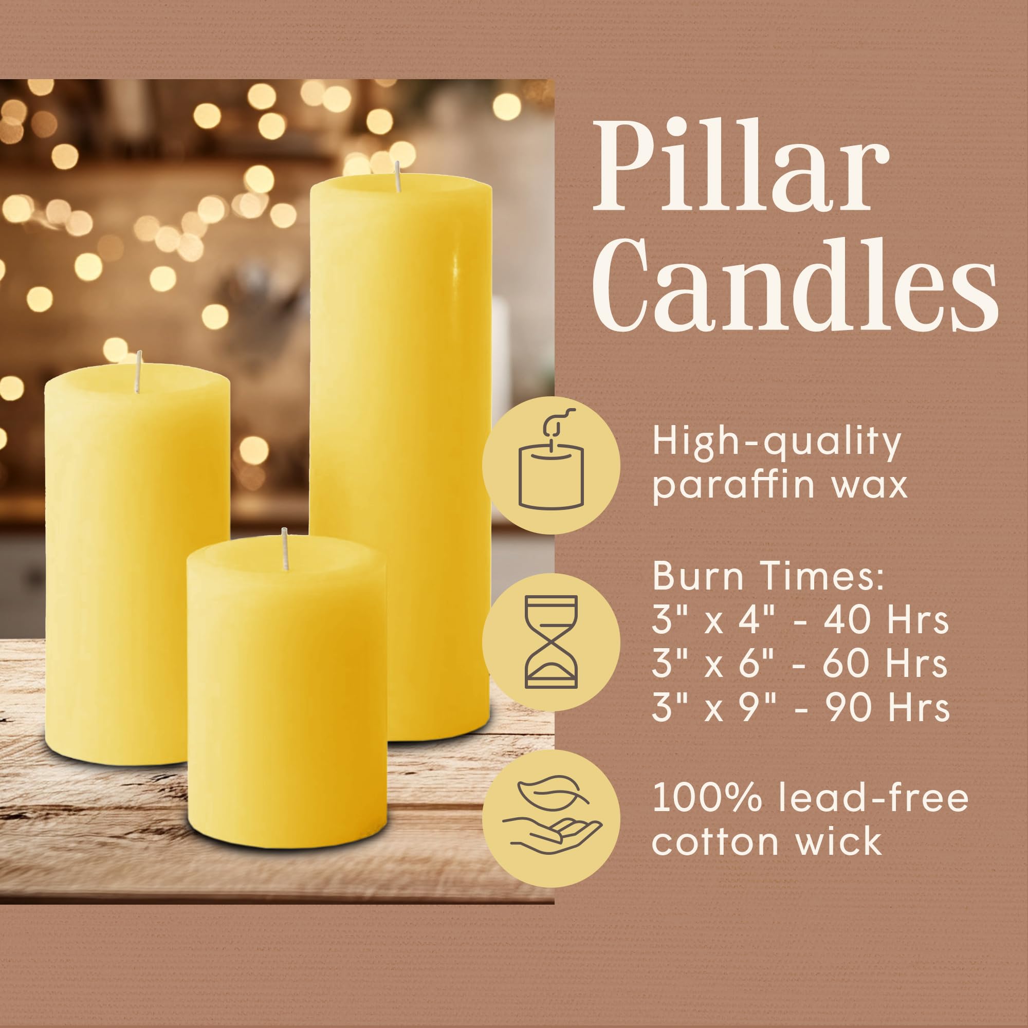 Mister Candle - Różne bezzapachowe świece filarowe w jednolitym kolorze (zestaw 3 szt.) do dekoracji domu, przyjęcia weselne (żółte)