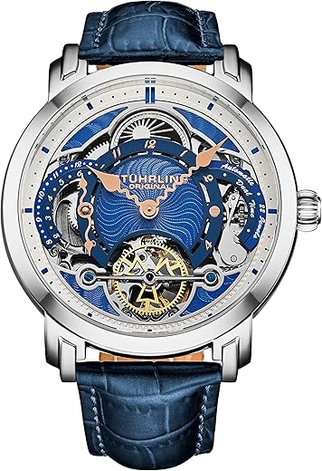 Stuhrling Original Mens Dress Watch Automatic Movement Skeleton Dial Dual Time 44mm Stainless Steel Case