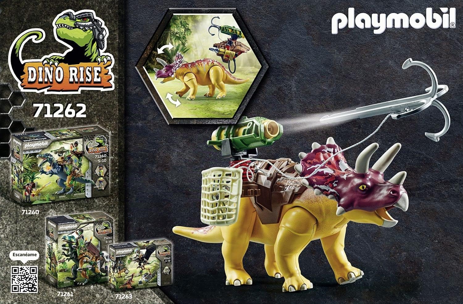 PLAYMOBIL Dino Rise 71262 Triceratops, La Armadura del Dinosaurio es acoplable, cañón móvil con garfio, Juguete para niños a Partir de 5 años
