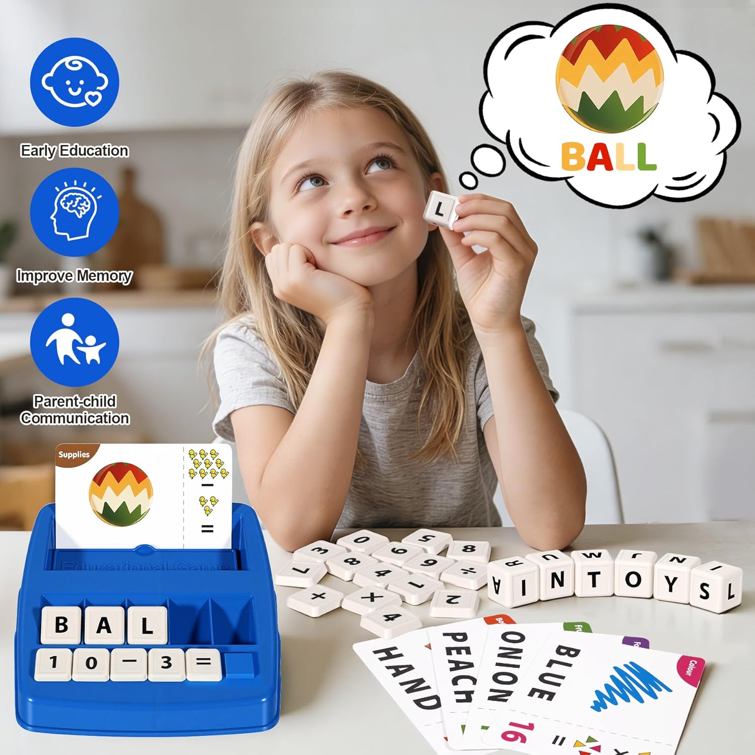 2 in 1 Kids Educational Toys, Spelling & Math Learning Game with Flash Cards Letter Cubes Number Blocks Matching Tray, Montessori Preschool Learning Toys for Toddlers Ages 3-8 Boys Girls