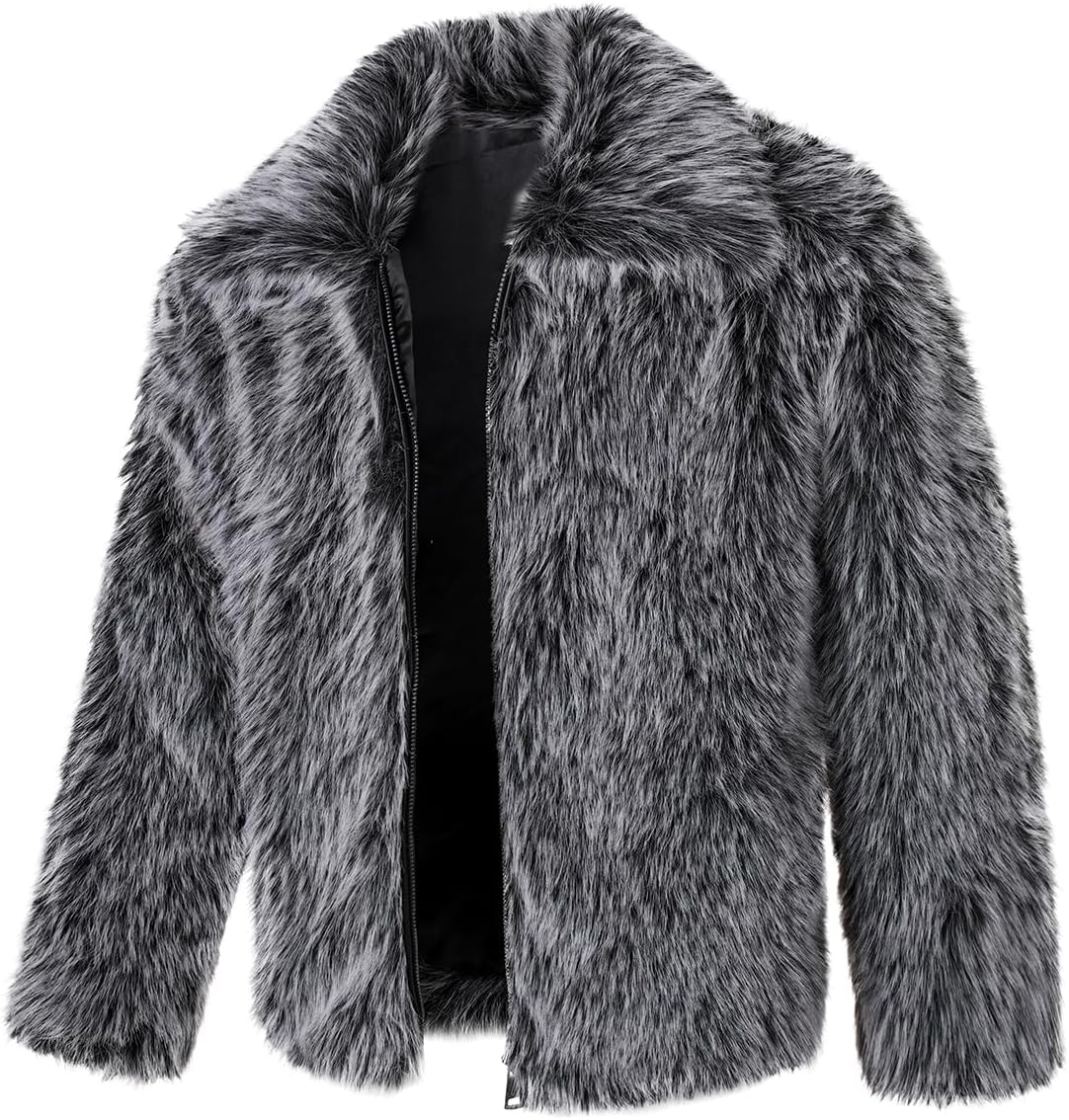 FANARCHER Men's Winter Faux Fur Coat Fluffy Jacket Turn Collar Luxury Overcoat Long Sleeve Parka Fleece Furry Outwear - Image 2
