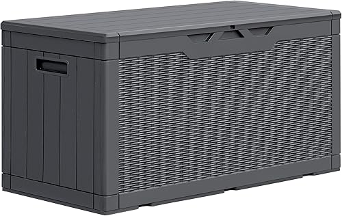 GUNJI Caja de resina de 100 galones, caja de almacenamiento grande para exteriores, resistente a la intemperie y a los rayos UV, contenedor de