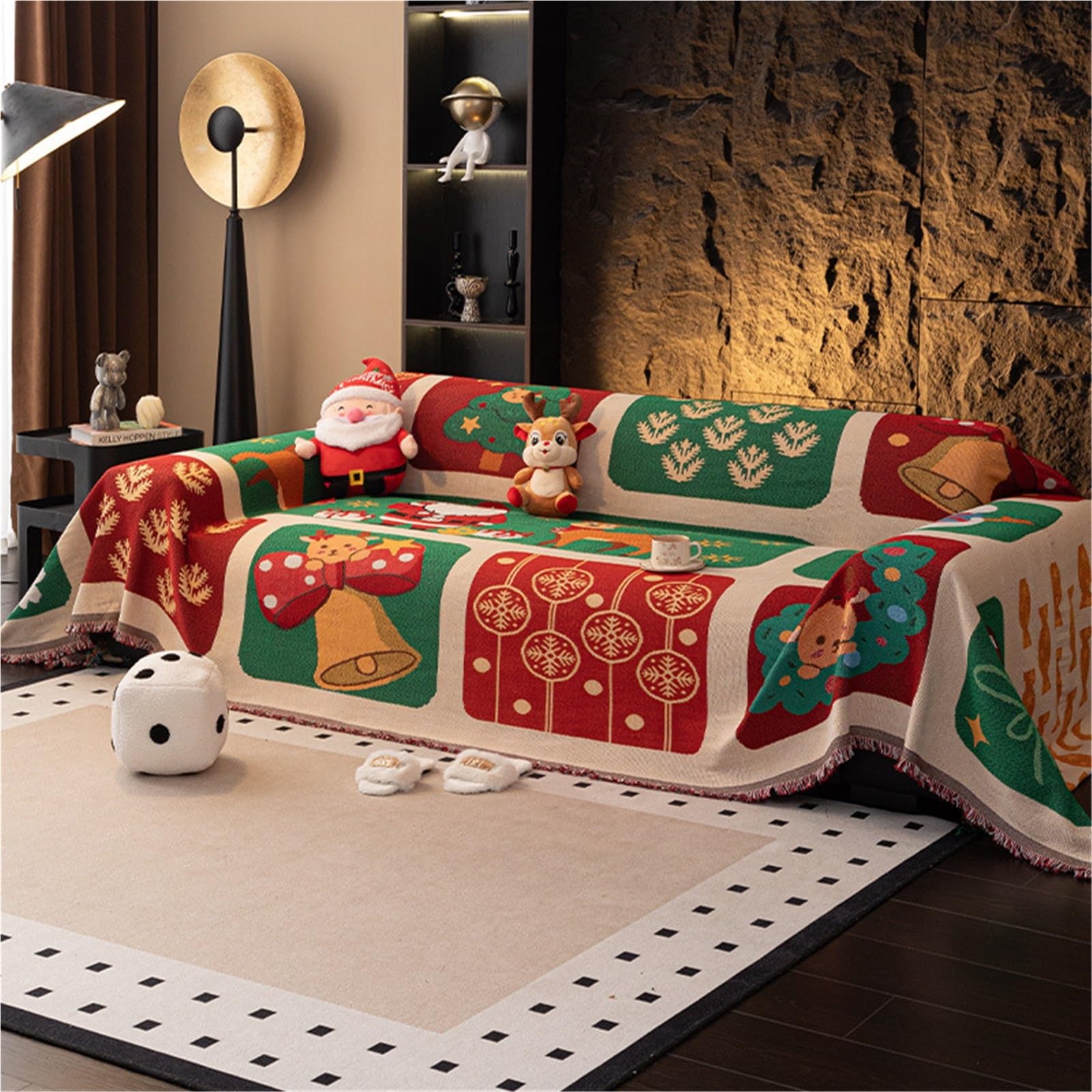 Christmas Sofa Covers For 2/3/4 Seater Large Sofas, Anti-Scratch Sofa Cover with Tassels, Cotton Sofa Cover Throw Sofa Cover for Christmas Sofas and Beds and Armchair(90X150cm)
