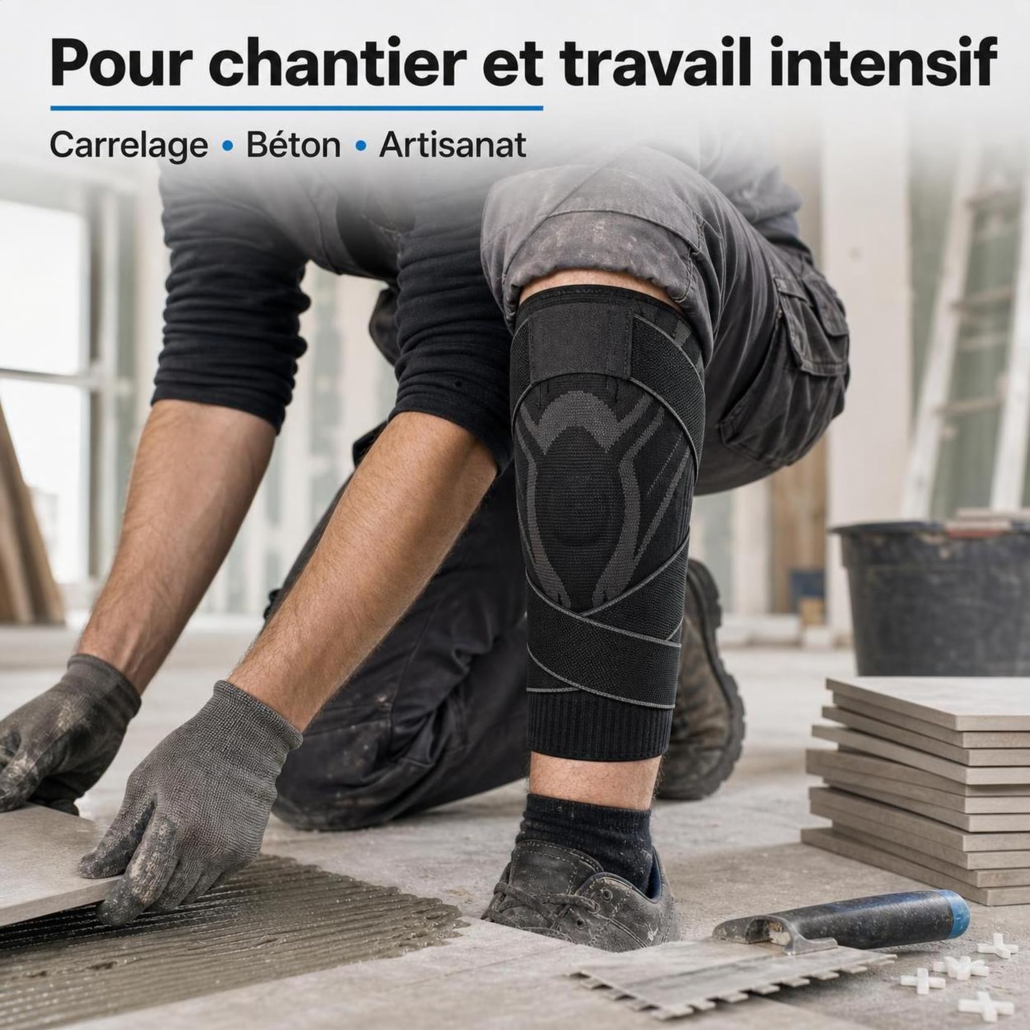 genouillère de Chantier avec Compression 360 Degrés, Coussin Gel, Ressorts de Soutien et Matière Respirante pour Carreleur, Jardinage et Positions Agenouillées (L,Noir,2 paires)