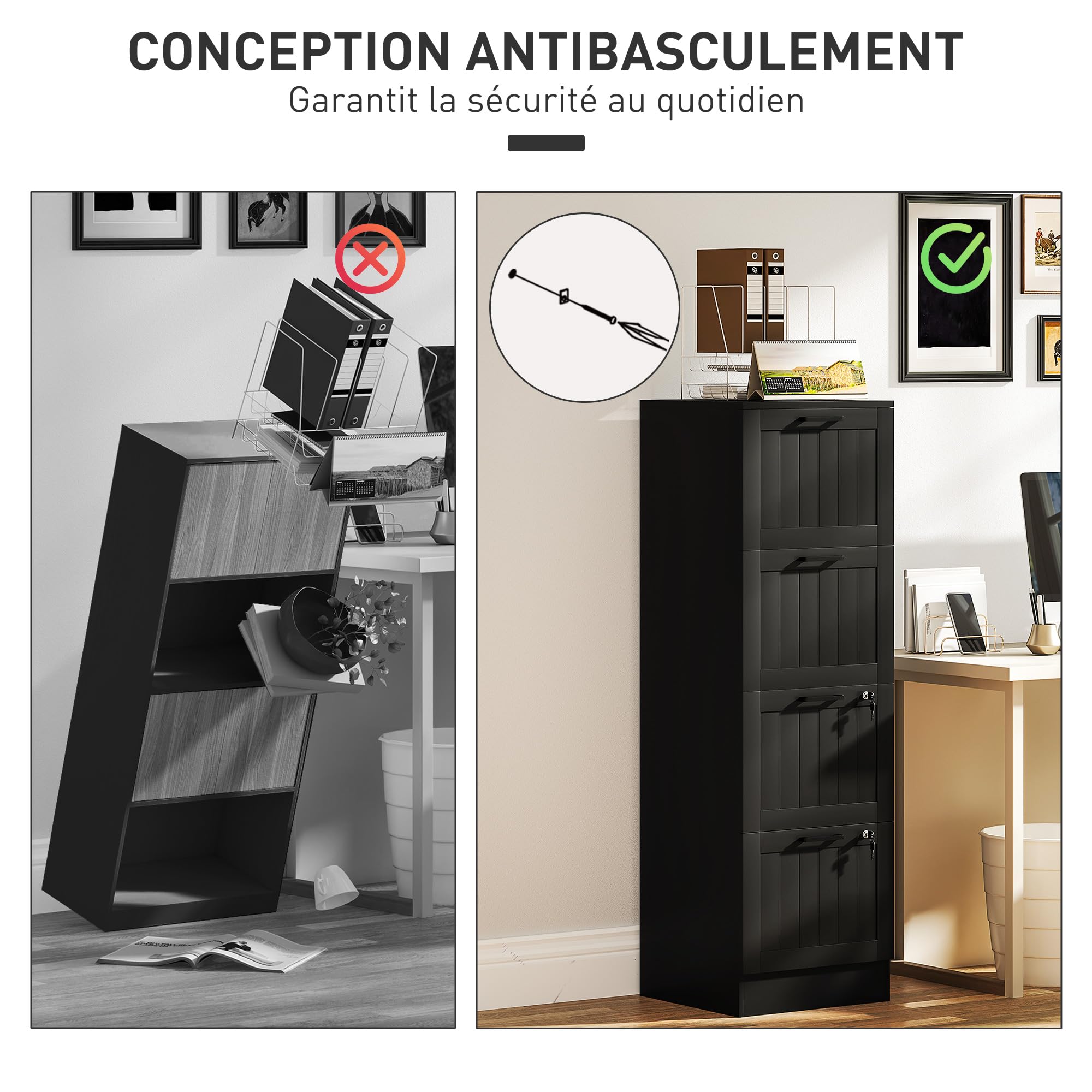 HOMCOM Caisson bureau avec 4 tiroirs et serrures, meuble rangement bureau avec barres de suspension réglables pour documents, caisson de rangement compact pour travail ou chambre, 40x40x131cm, noir