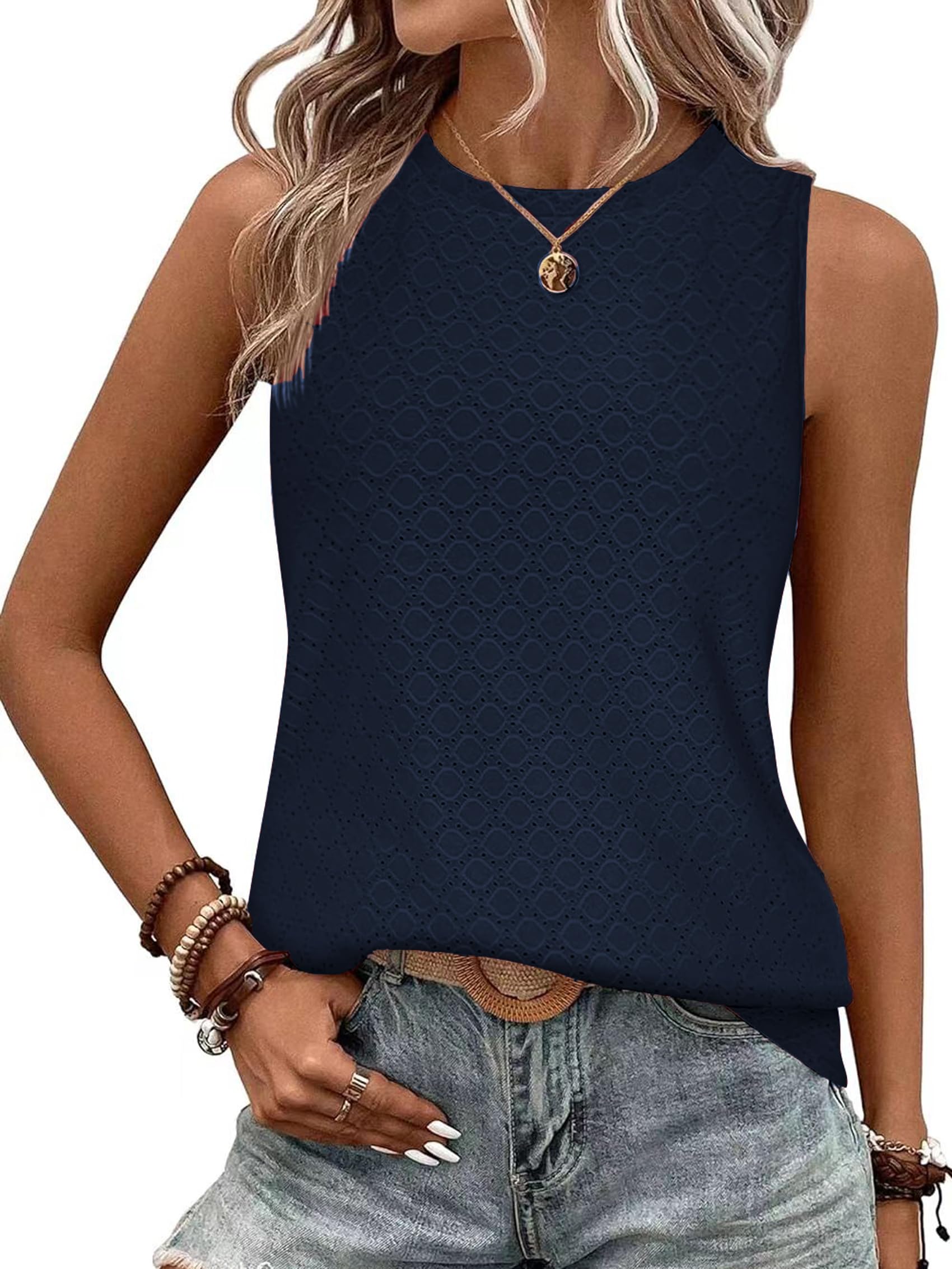 BAISHENGGT Damen Tank Tops Sommer Rundhals Ärmellos Ausgehöhlt Basic T Shirt Oberteile