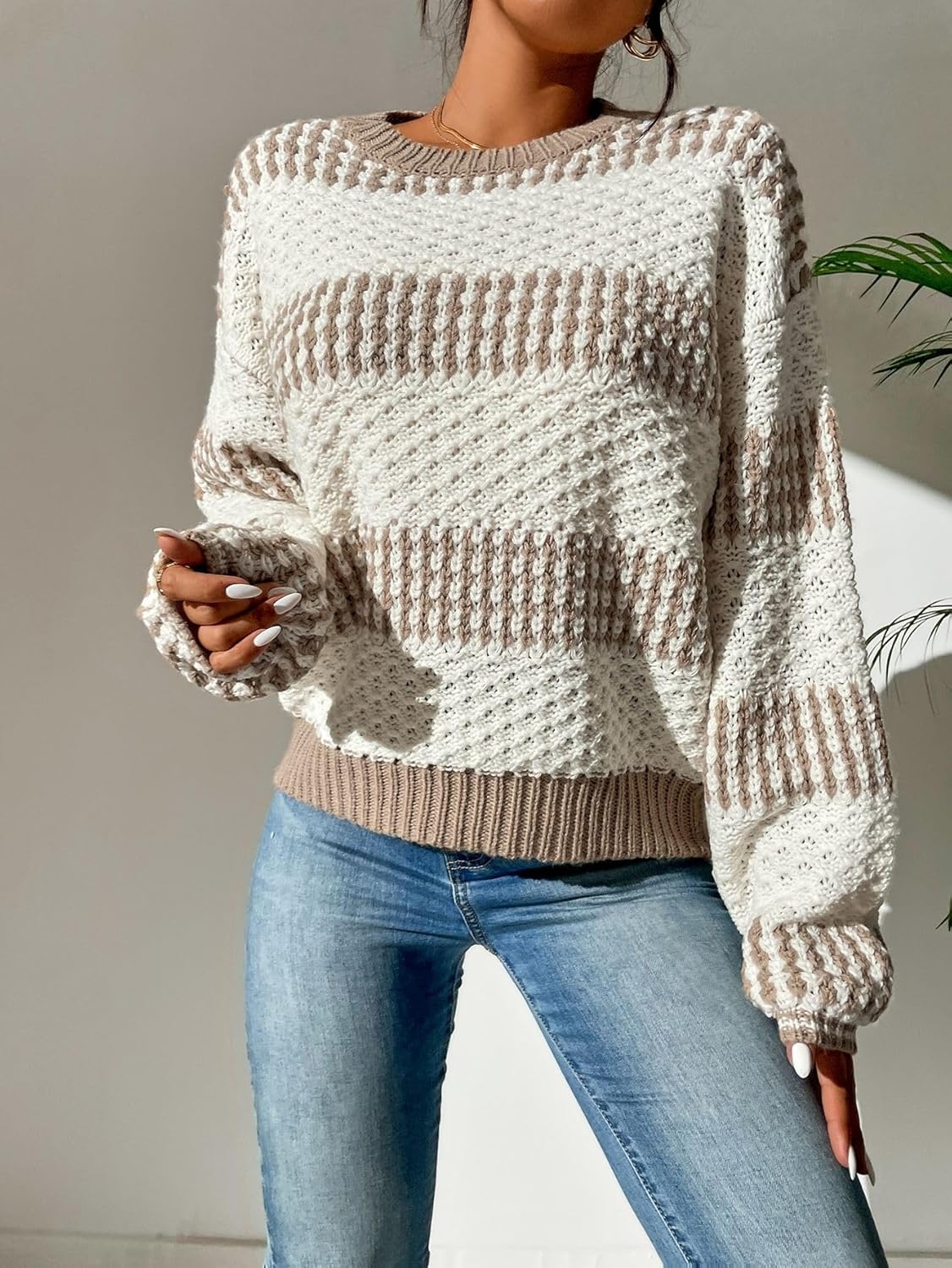 SISKIN Striped Pullover Sweater for Women 2025, Patchwork Chunky Knit Crew Neck Long Sleeve Casual Sweaters - Image 4