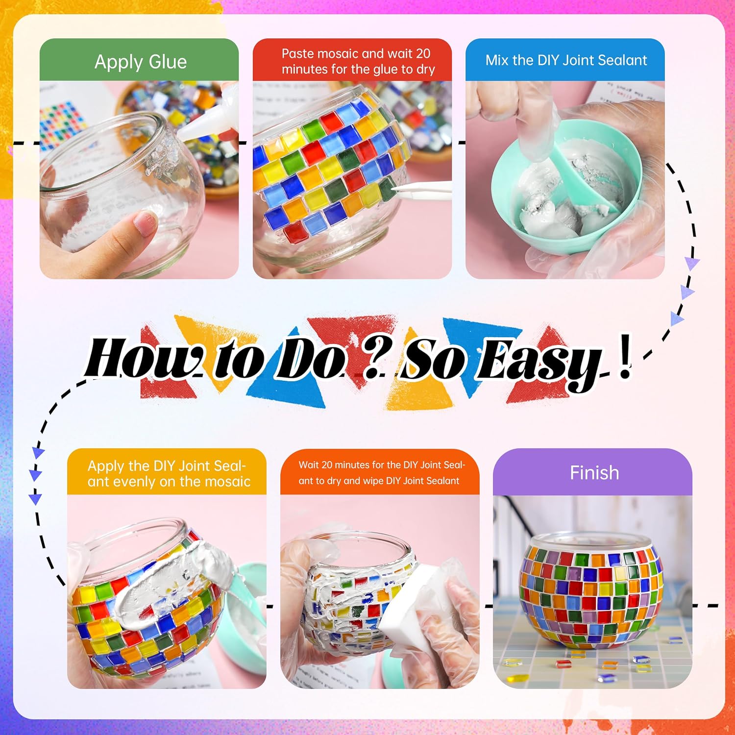 Joyclub Bundle of DIY Mosaic Candle Holder Kit and 4 Sets DIY Glass Mosaic Tiles for Home Lighting Decor Girls Birthday Craft Gifts image 4