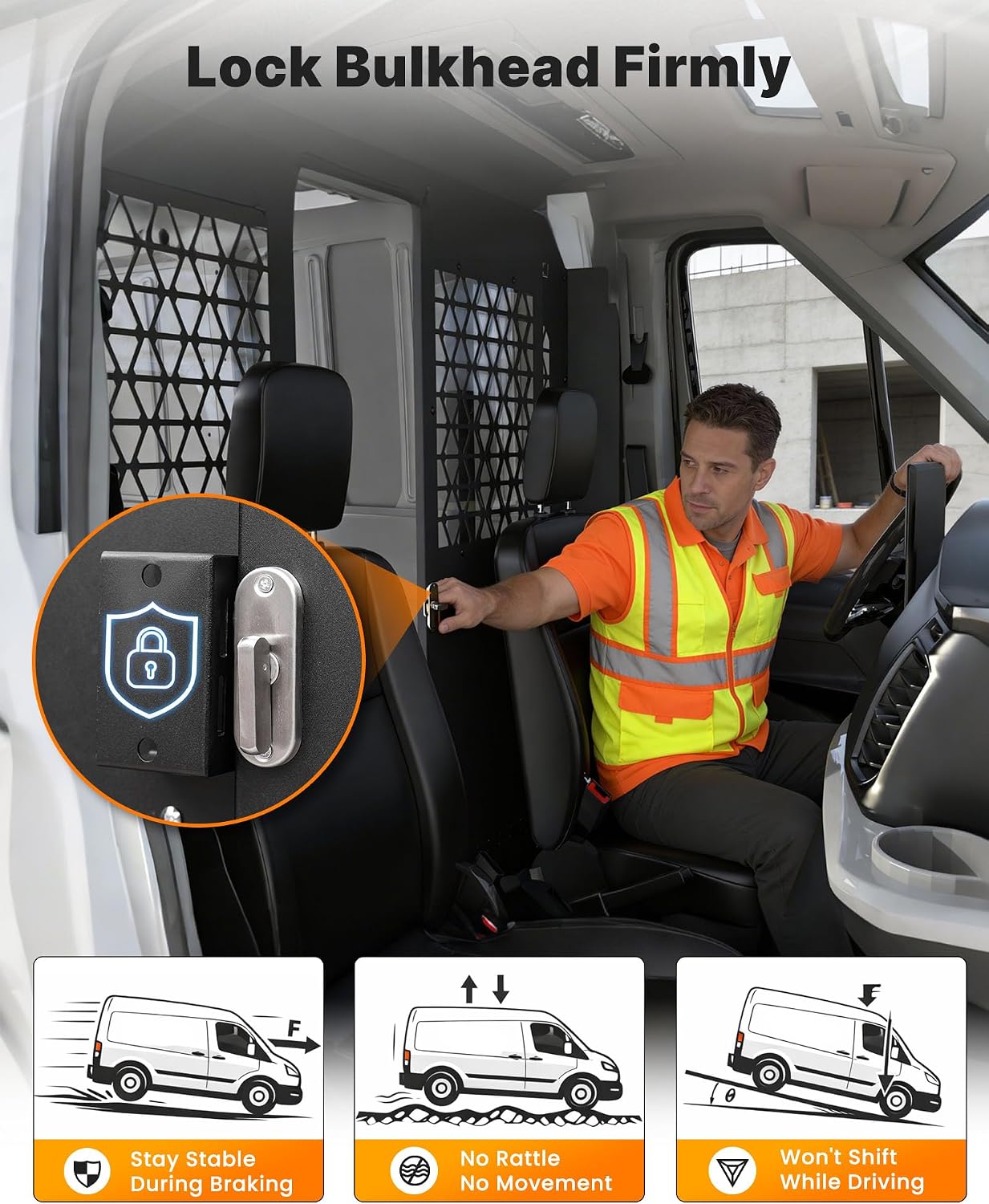 MELIPRON Sliding Van Partition Fit for Ford Transit 150 250 350 (2014-2026) Medium Roof, Heavy-Duty Steel Bulkhead with Locking Door, Space-Saving Cargo Divider for Work Van