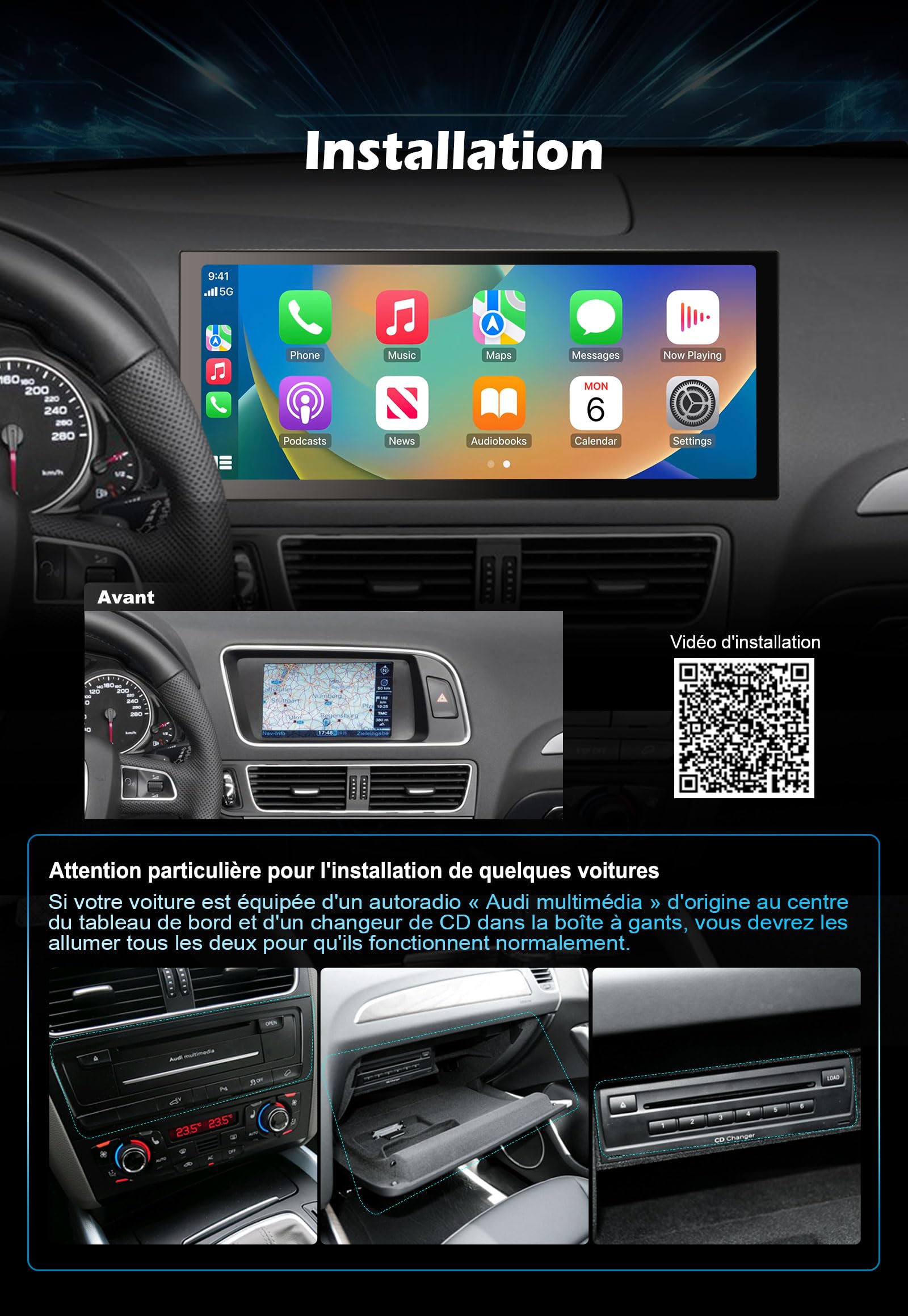 12,3 Pouces 2K Écran, Android 16 Snapdragon 668S 8 Cœurs 8Go+128Go Autoradio Carplay sans Fil pour Audi Q5 2009-2016, GPS Navigateur Bluetooth 5.1 SWC WiFi DSP Dab+OEM Radio Canbus MMI