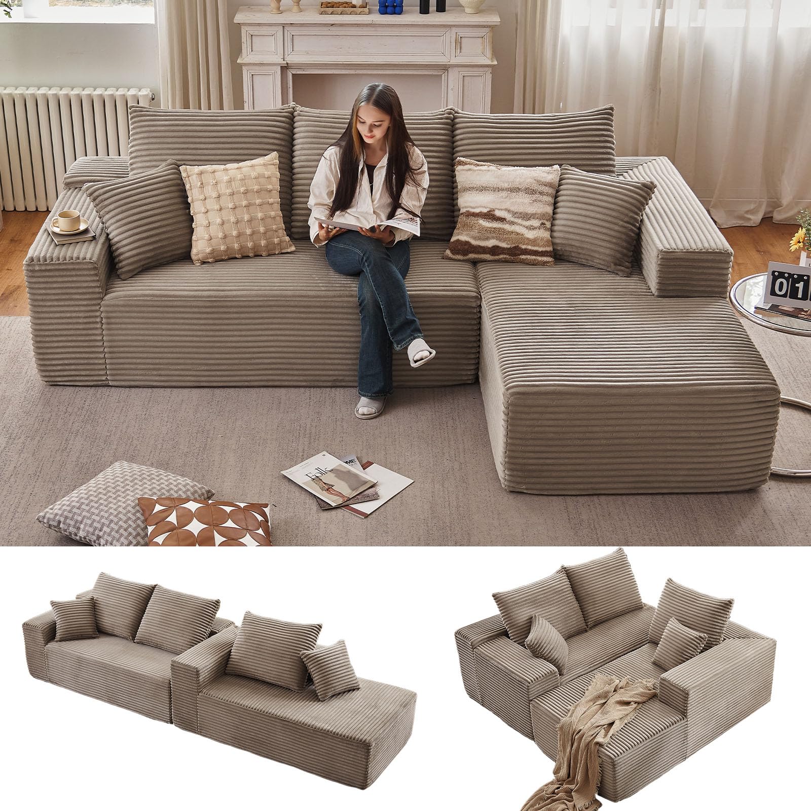 96" Modular Sectional Sofa, Modern Corduroy Cloud Couch with Deep Seat, Boneless Couch Upholstered 3-Seater L-Shaped Sofa for Living Room, No Assembly Required (Camel, Right-Facing Chaise)