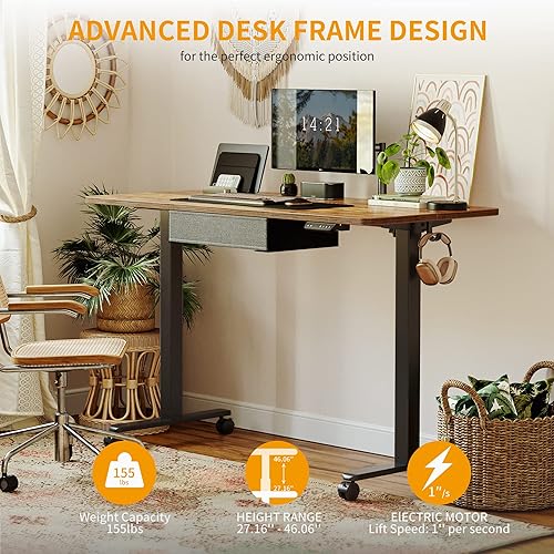Vista 17 de CubiCubi Escritorio de pie con cajón, escritorio eléctrico de altura ajustable de 55 x 24 pulgadas, estación de trabajo ergonómica para computadora