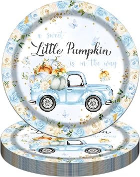 GREHUMOR 25pcs Little Pumpkin Paper Plates Baby Shower Party Decorations for Boy A Little Sweet Pumpkin is On The Way Blue Floral Truck Disposable Dessert Plates Supplies Favor for 25 Guests