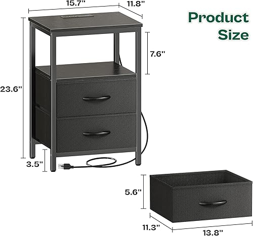 Miniatura 3 de Huuger - Mesita de noche con estación de carga y luces LED, mesita de noche con 2 cajones, mesa auxiliar de cama con estante abierto, mesa auxiliar,