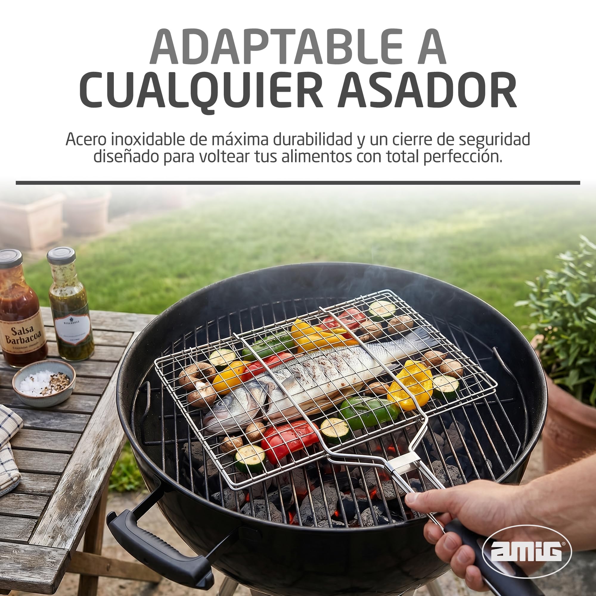 Amig - Grille Double pour Barbecue - 50 x 32 cm - Acier Inoxydable - Grille BBQ pour Viande et légumes - Mod. AM34