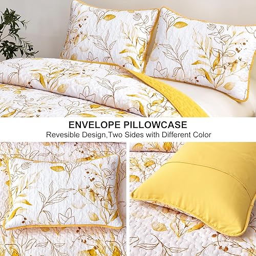 Miniatura 4 de Anibedding Juego de edredón amarillo Queen, 3 piezas reversible, elegante patrón de hojas botánicas amarillas, colcha de microfibra suave para toda