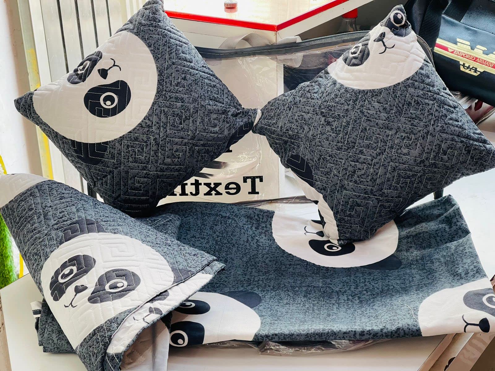 Cotton Double Bedding Set, 2 Quilted Cousins12x12inches, 2 Pillow Covers18x28inches, Panda Print-image-13