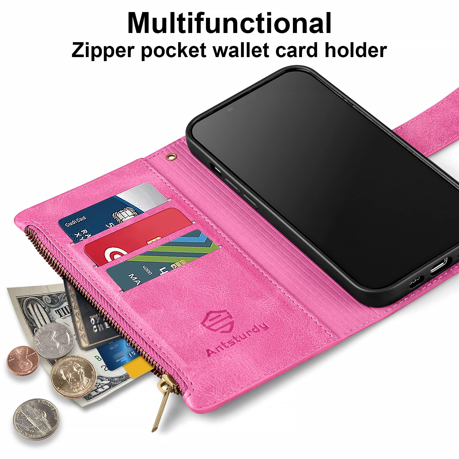 Antsturdy Motorola Moto G Pure 2021 Wallet case with Card Holder for Women Men,Moto G Pure 2021 Phone case RFID Blocking PU Leather Flip Shockproof Cover with Strap Zipper Credit Card Slots,Hot Pink