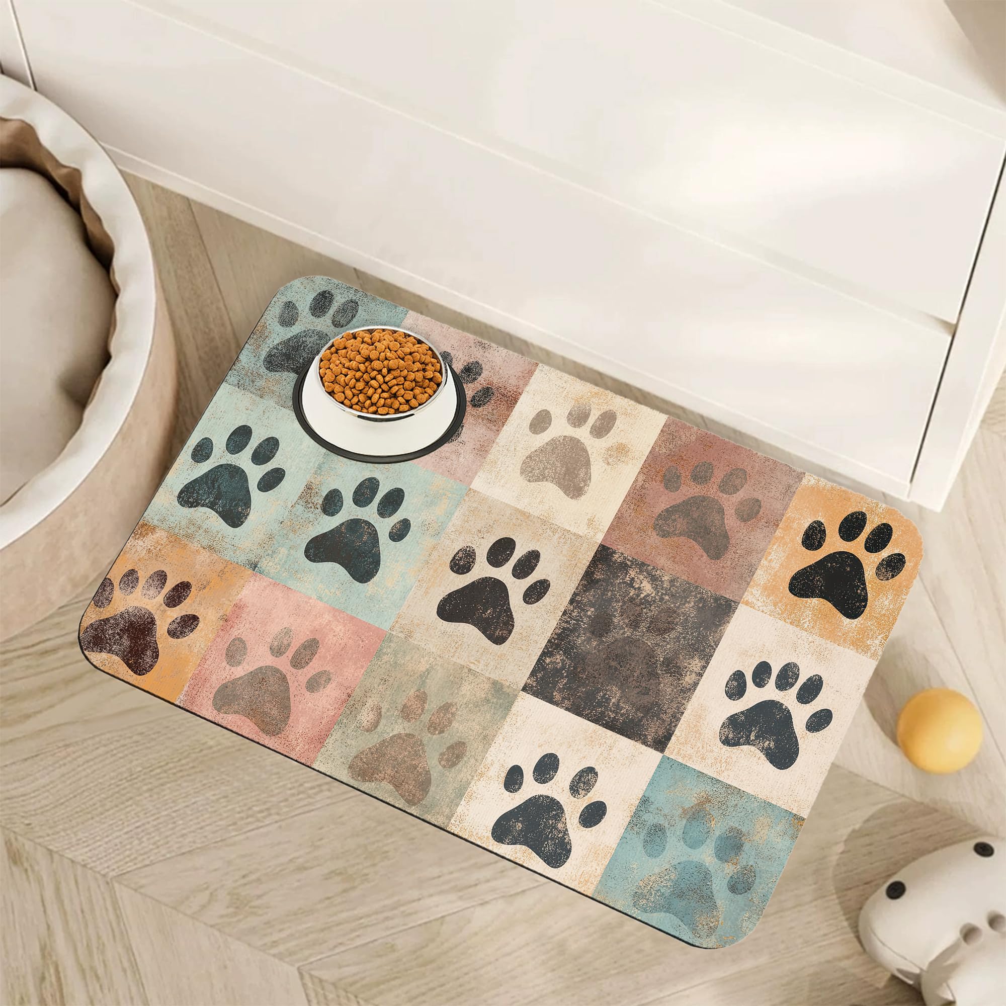 Cute Cat Paw Print Dog Food Mat for Floors,Vintage Absorbent Pet Food and Water Bowl Mats,Non-Slip Pet Feeding Mat,Pet Supplies 16" x 24"