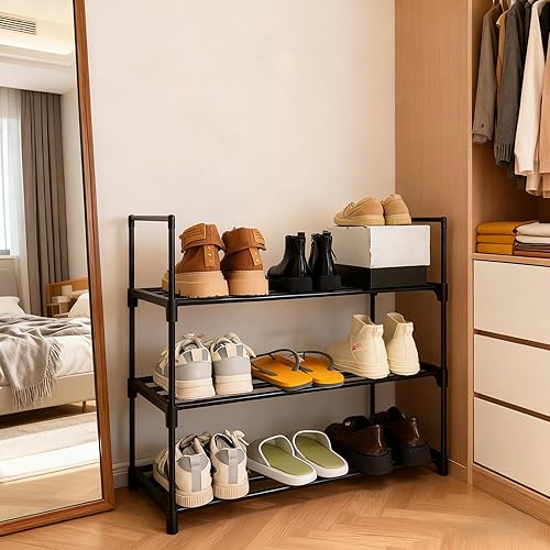 Miniatura 5 de Organizador de zapatos, estante de almacenamiento de zapatos reversible de metal de 3 niveles que ahorra espacio, para entrada, armario, puerta