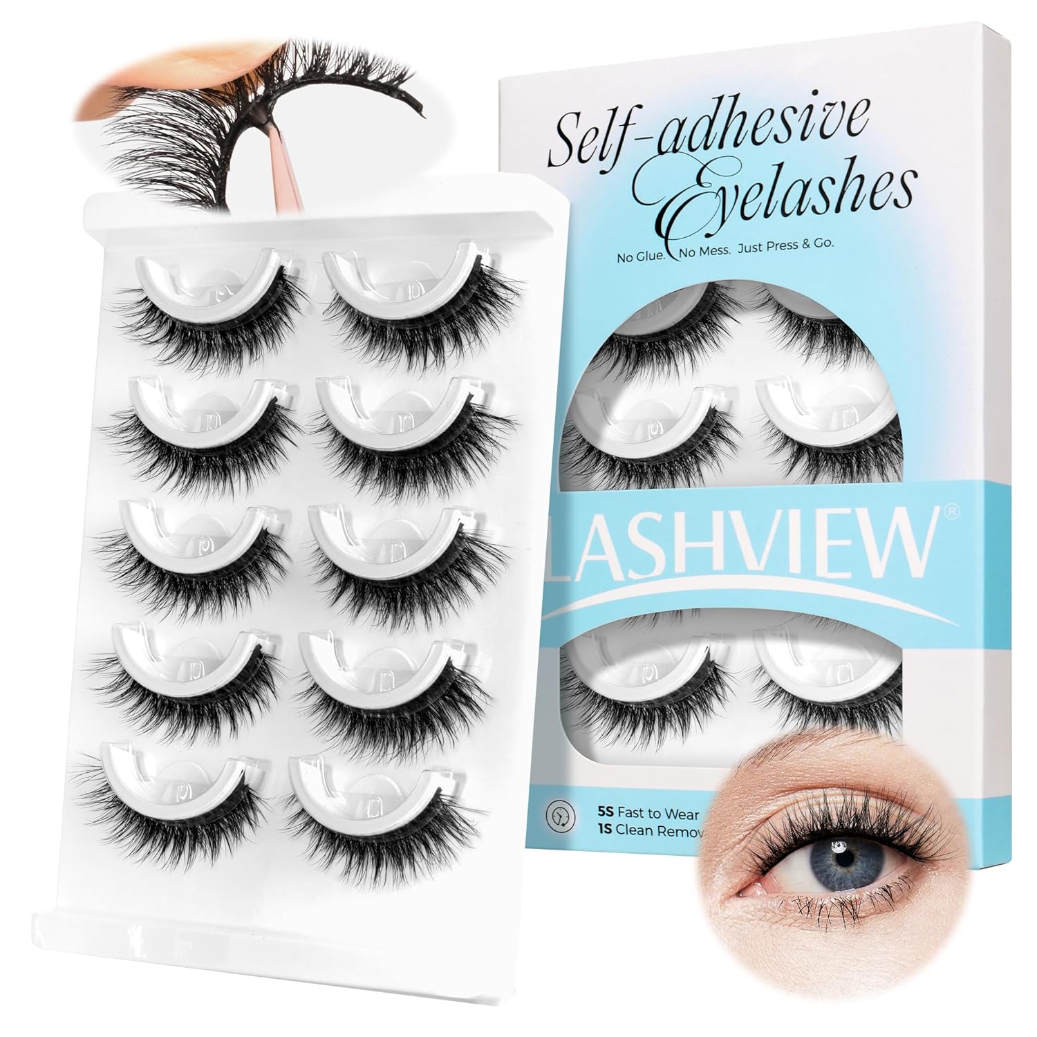 LASHVIEW Self Adhesive Eyelashes 5 Pairs Cat Eye Wispy Self-adhesive False Lashes Reusable Natural Look Press On Lashes