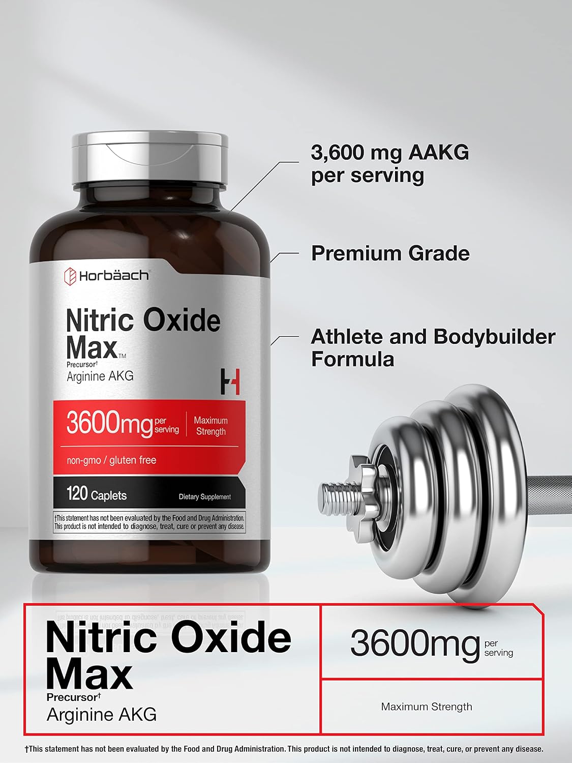 Nitric Oxide Max 3600mg | 120 Caplets | with Arginine AAKG for Men and Women | Vegetarian, Non-GMO, & Gluten Free Pre Workout Supplement | by Horbaach