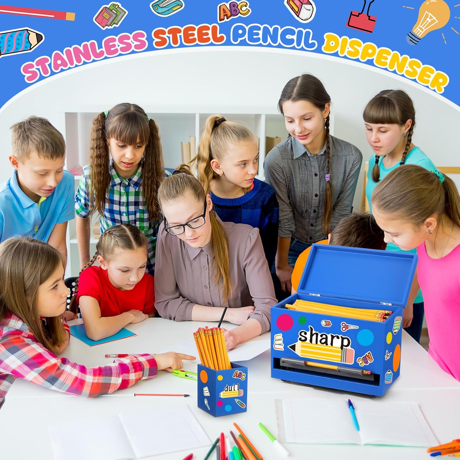 Mifoci 8 Pcs Wooden Pencil Dispenser Kit for Classroom Wooden Pen Holder Straw Dispenser Sharp and Dull Letter Stickers for Teachers Classroom Supplies Storage (Royal Blue)